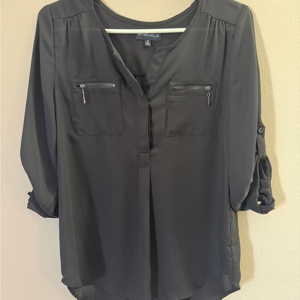 My Michelle Women's Charcoal Blouse with Zippered Pockets
